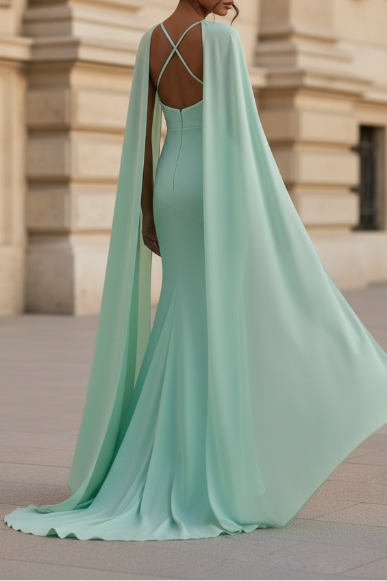 Mint Matte Satin Halter-Neck Maxi Dress With Cape