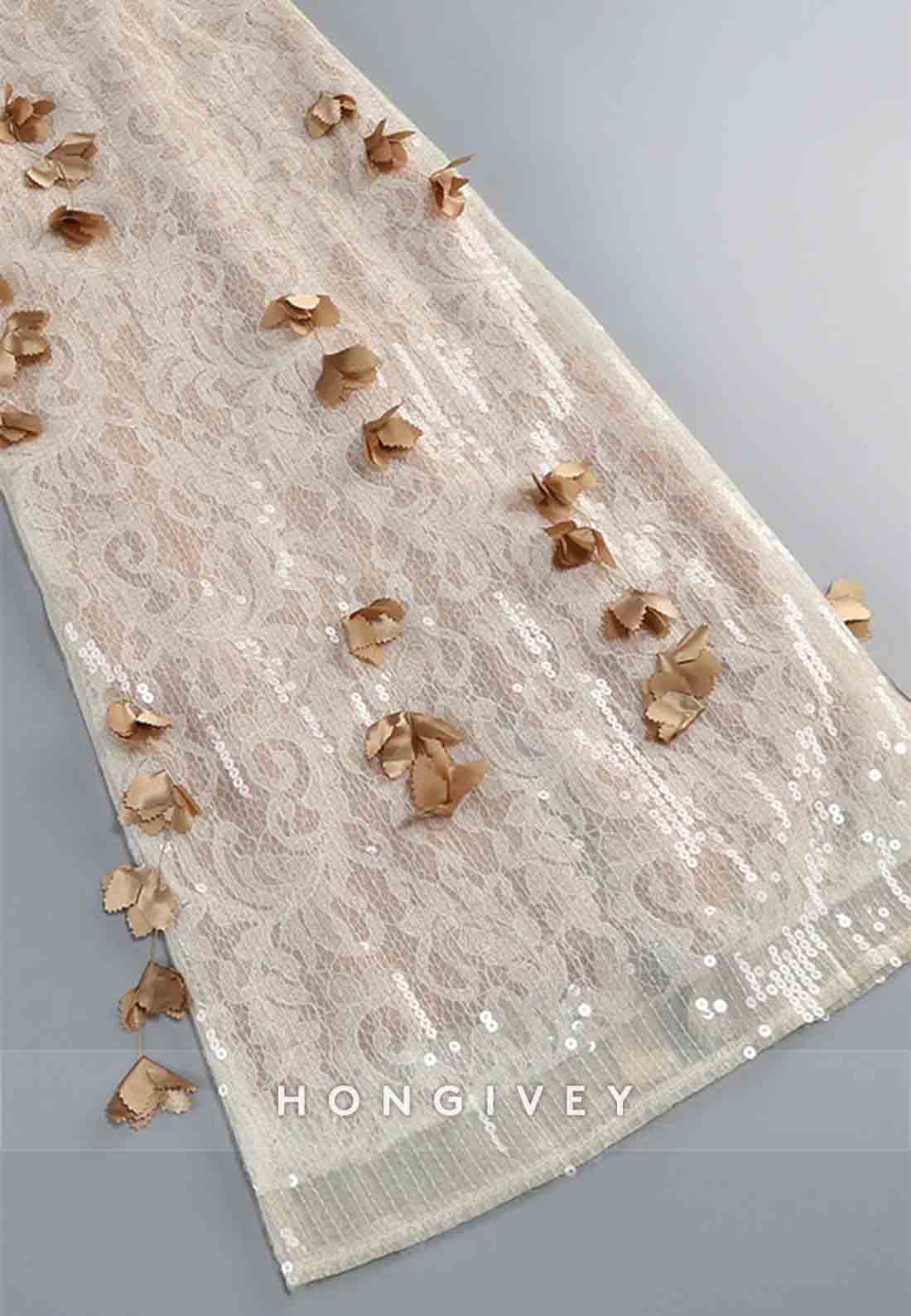 Champagne Spaghetti Straps Sheath 3D Floral Sequin Long Prom Dress with Slit