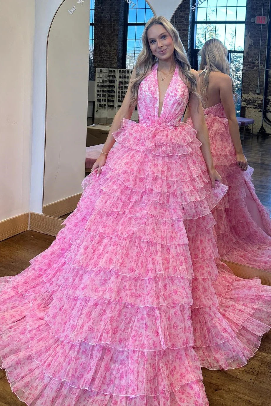 Fashion Halter Pink Floral Print Sleeveless A-Line Floor-Length Prom Dress