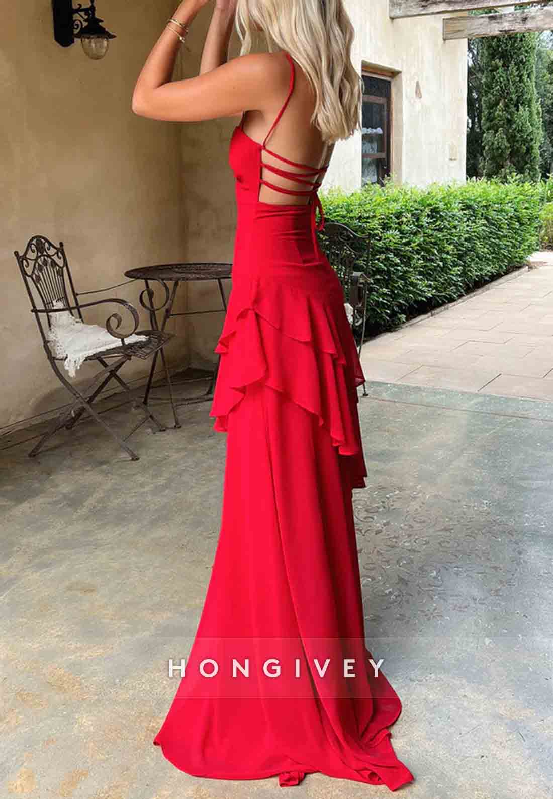 Charming Spaghetti Straps Tie Back A-Line Red Long Prom Dress with Ruffles
