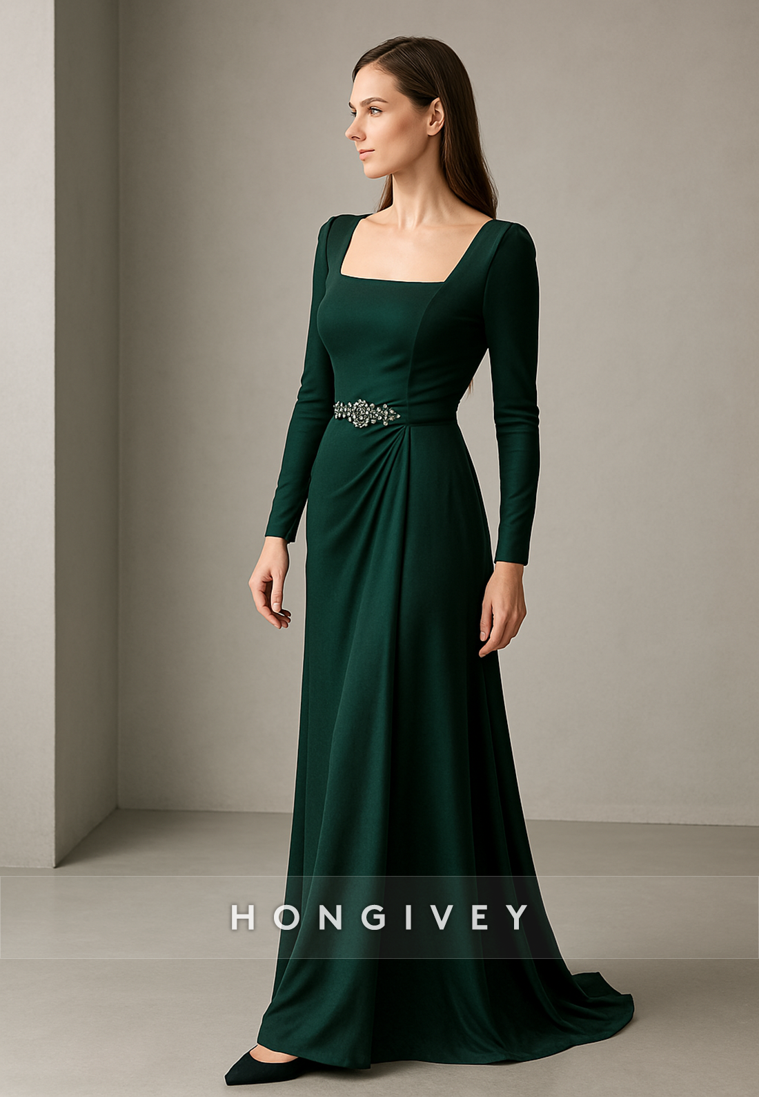 Long Sleeves Square Neck A-Line Floor-Length Pleated Evening Gowns