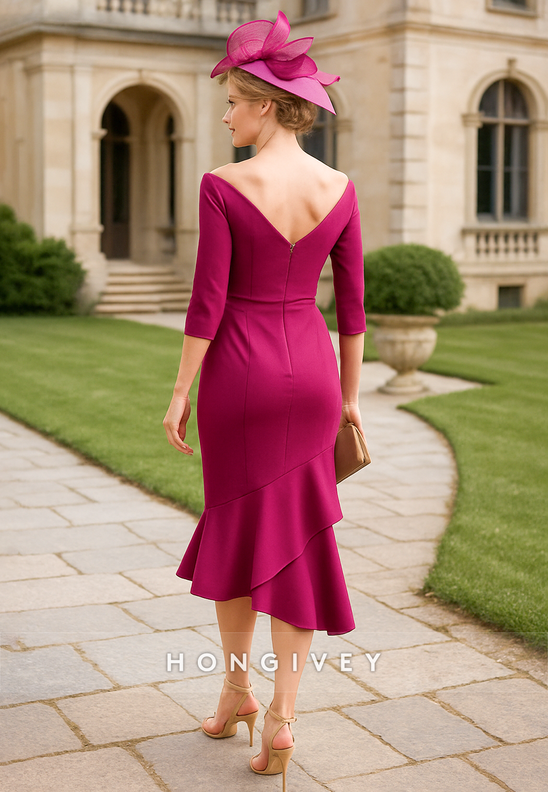 Asymmetrical 3/4 Sleeve V-Neck Cocktail Dresses Mermaid Pleated Mother of the Bride Dress