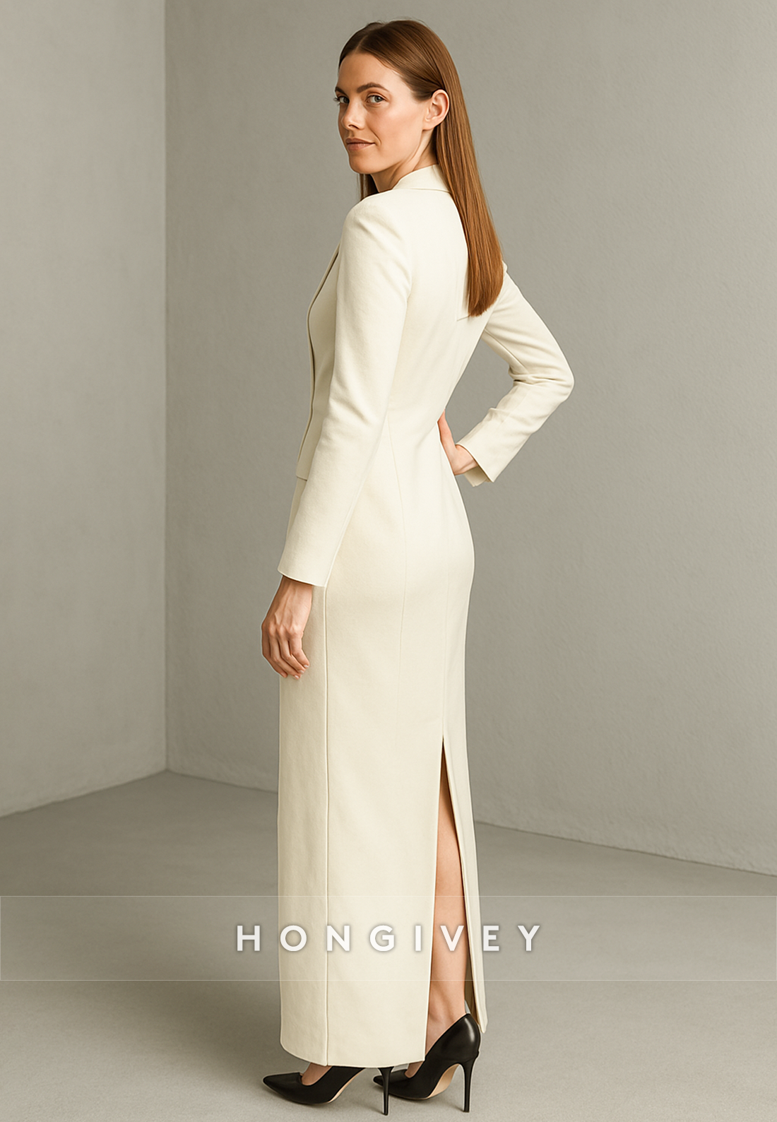 Long Sleeves V-Neck Ankle-Length Column Evening Gowns with High Slit