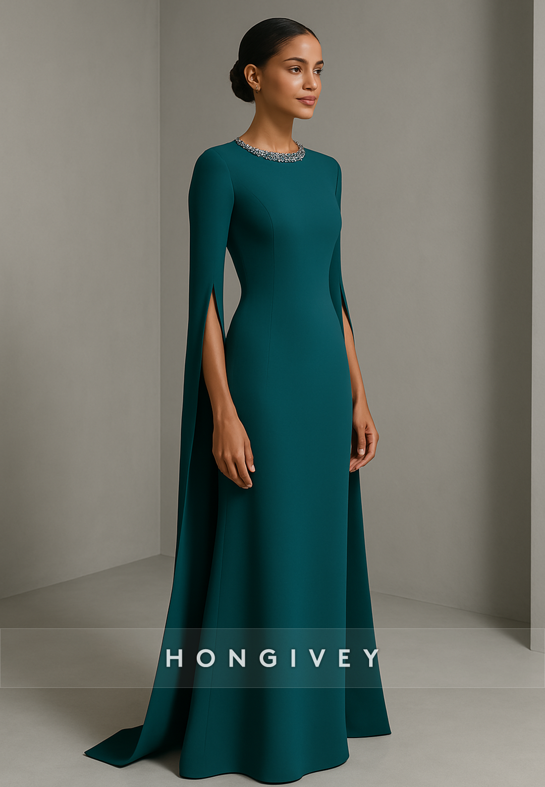 Half Sleeves Simple Scoop Floor-Length Pleated Trumpet Evening Gowns