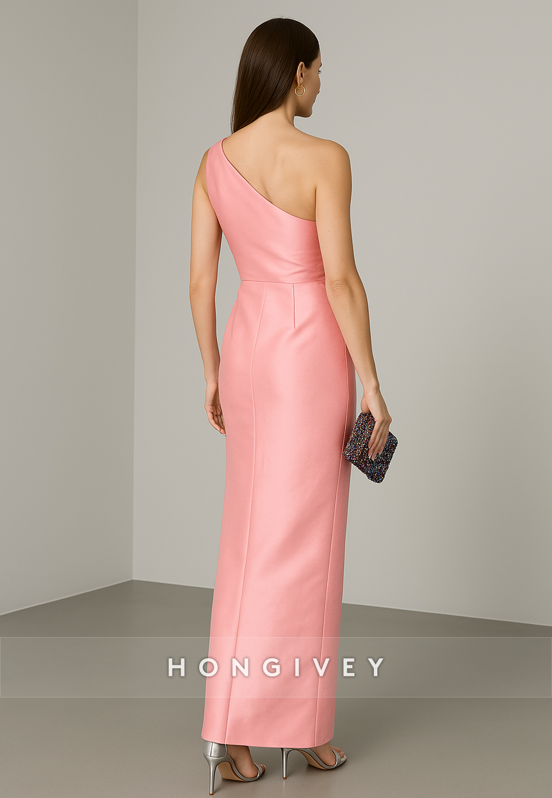 Elegant Blushing Pink One Shoulder Ankle-Length Column Evening Gowns