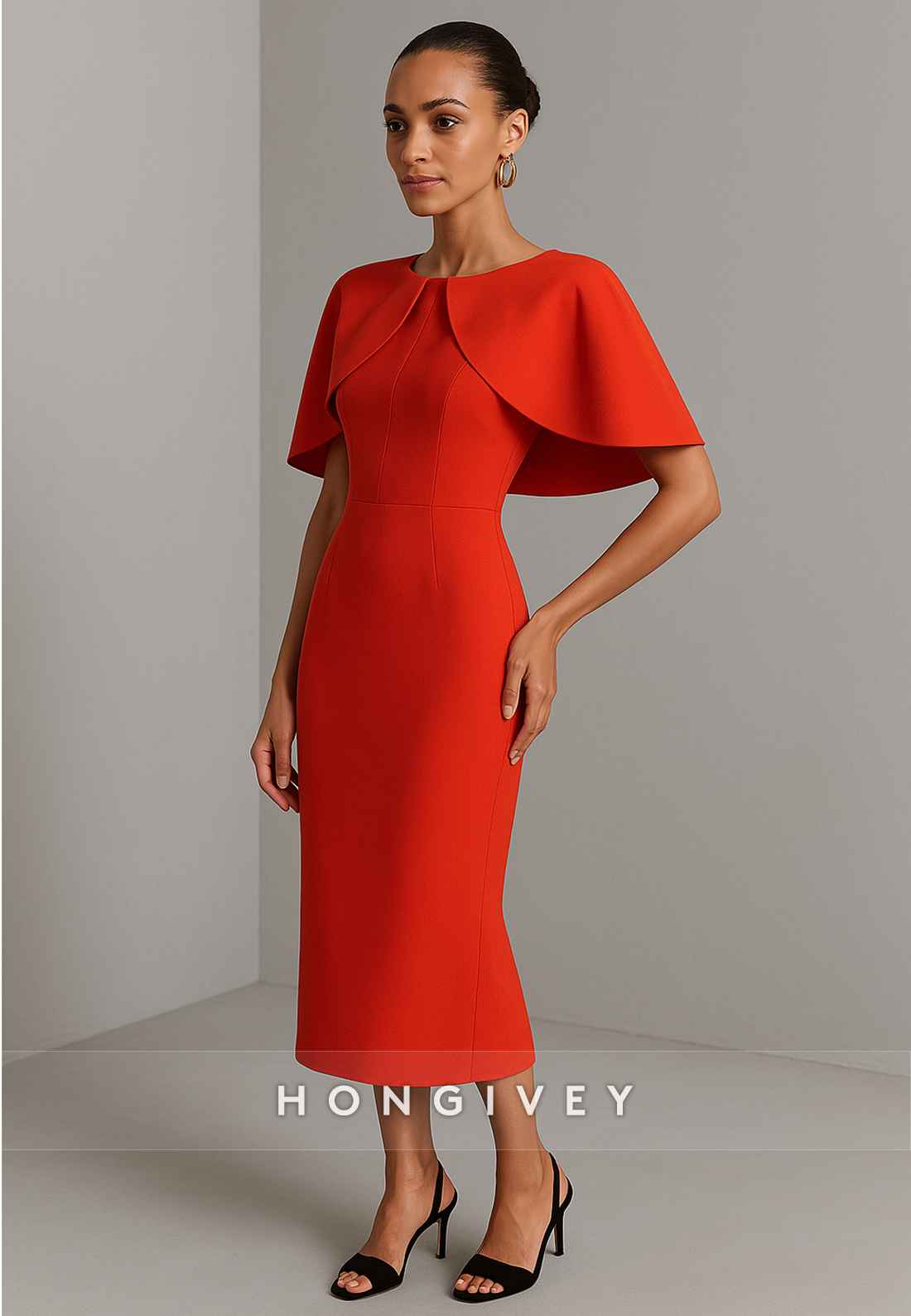 Elegant Shawl Red V-Neck Scoop Column Tea-Length Evening Gowns