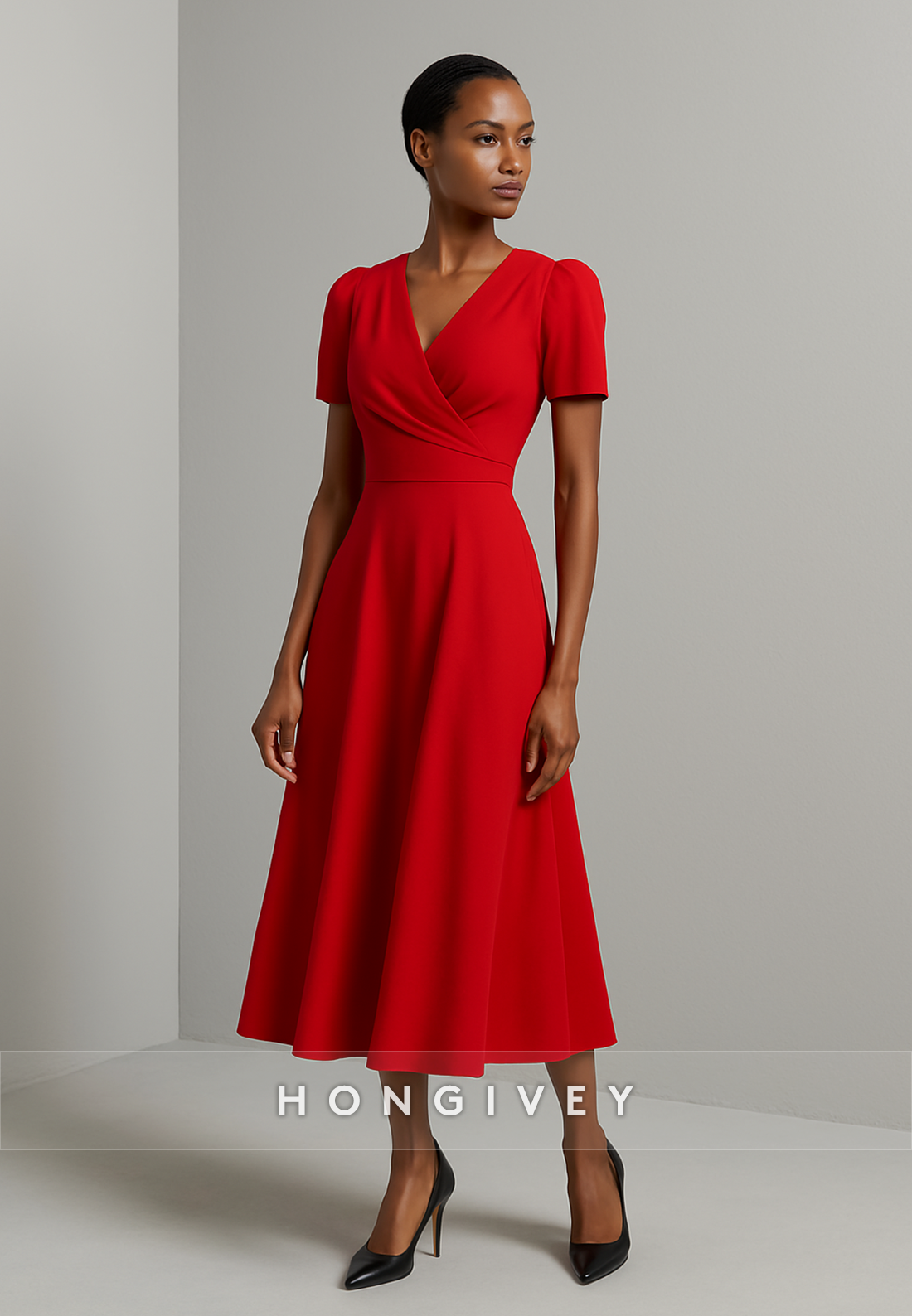 Red V-Neck Tea-Length V Back Short Sleeves A-Line Pleated Evening Gowns