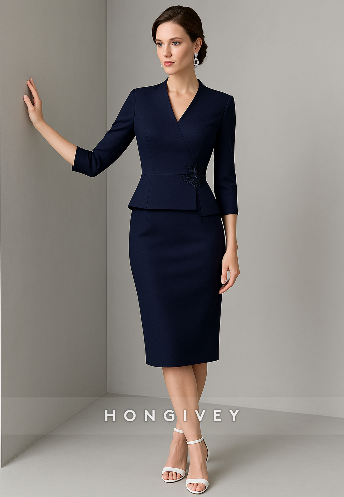 Navy Blue V-Neck 3/4 Sleeve Formal Dresses Knee-Length Sheath Evening Gowns