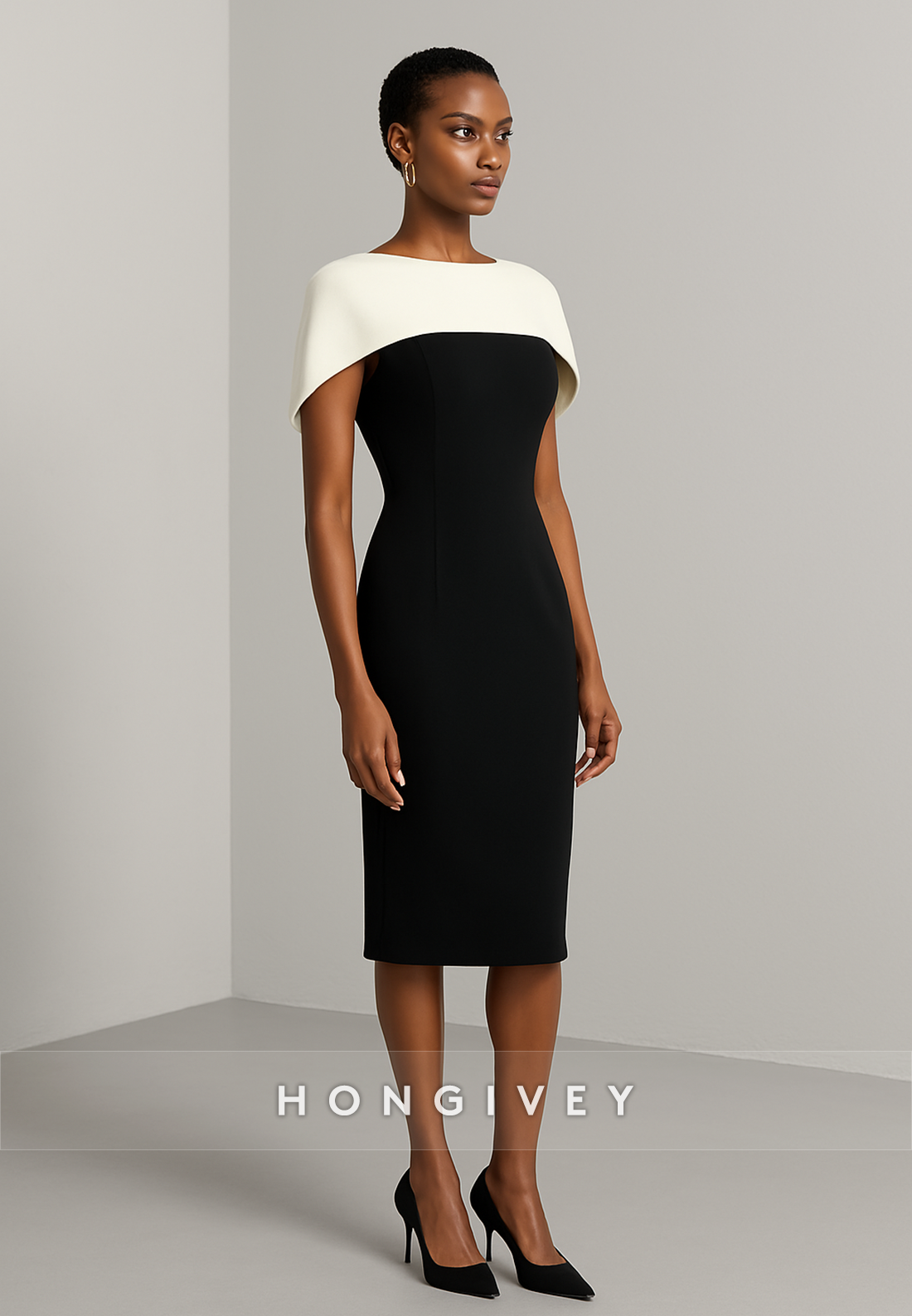 Simple Black Sheath Cocktail Dress Knee-Length Evening Gowns with Wite Shawl