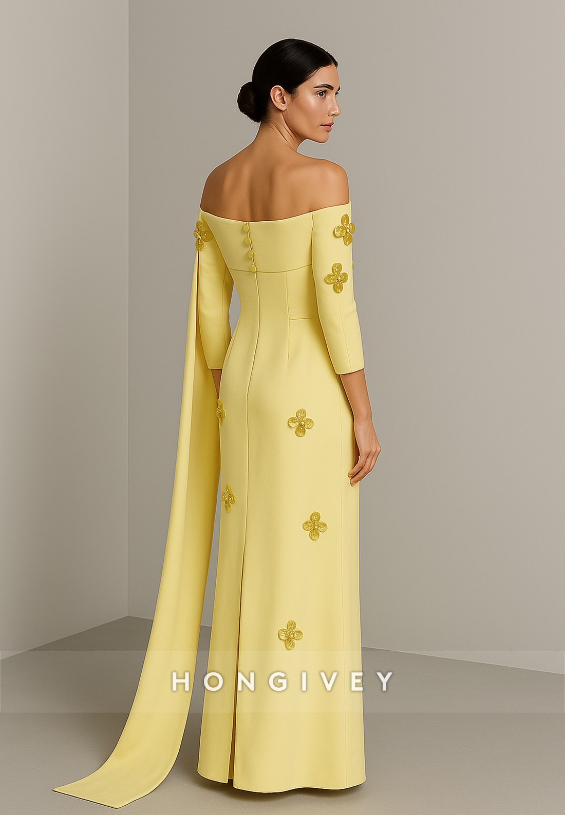 Elegant Yellow Off the Shoulder 3/4 Sleeve Floor-Length Evening Gowns with Appliques