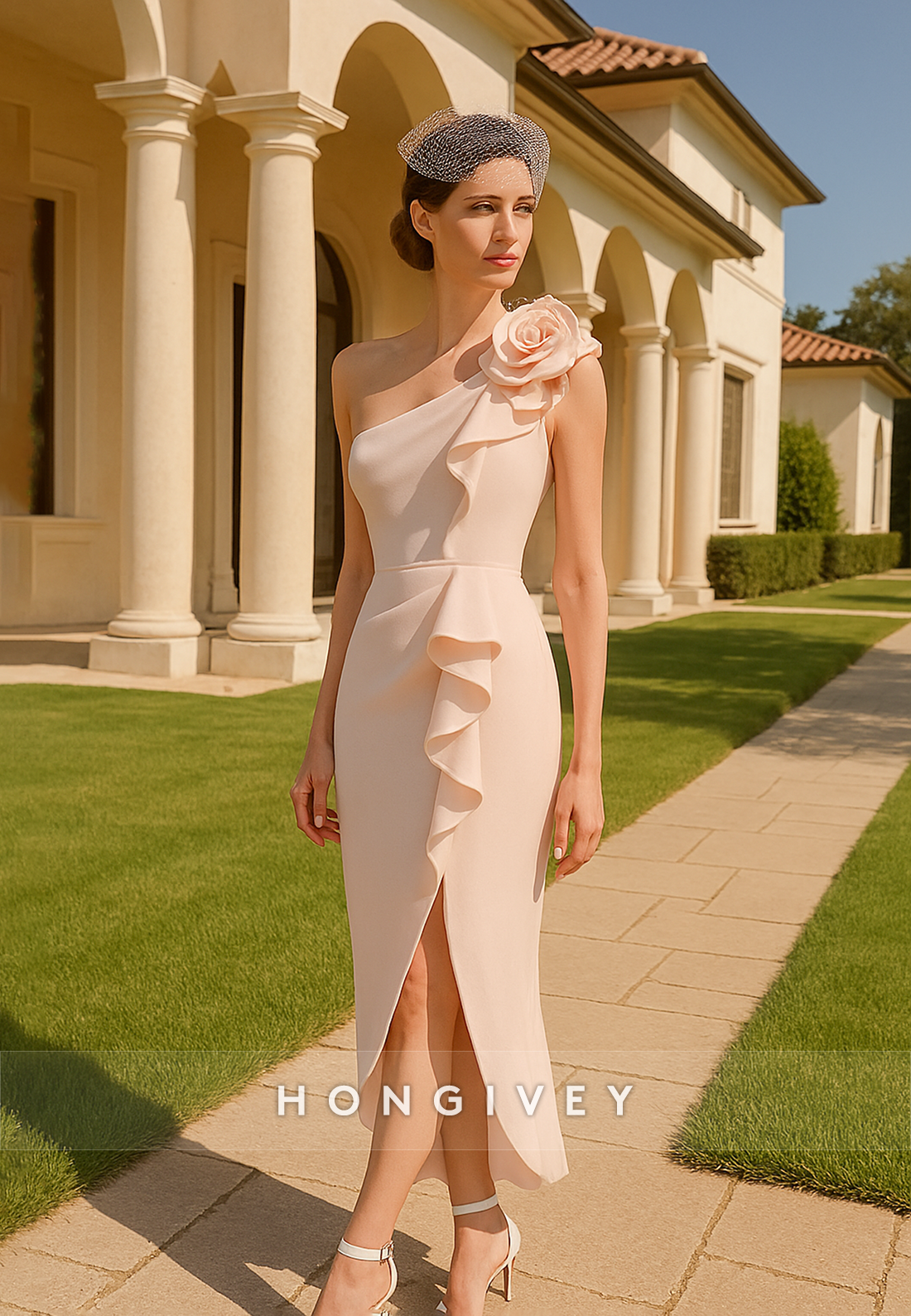 Shoulder Flower Sheath One Shoulder Mother of the Bride Dress with Slit