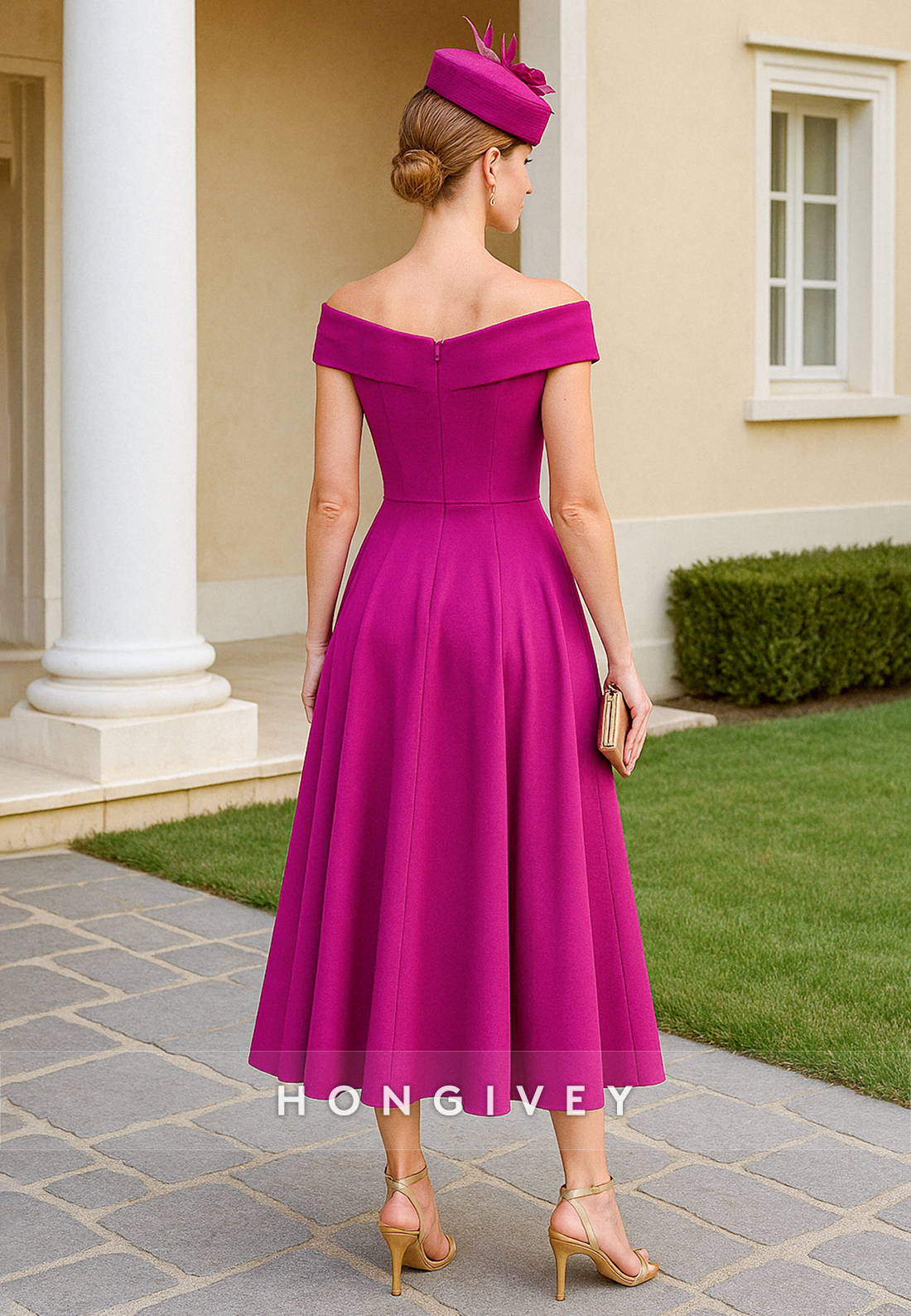 Fuchsia Off the Shoulder Pleated Tea-Length A-Line Cocktail Dresses