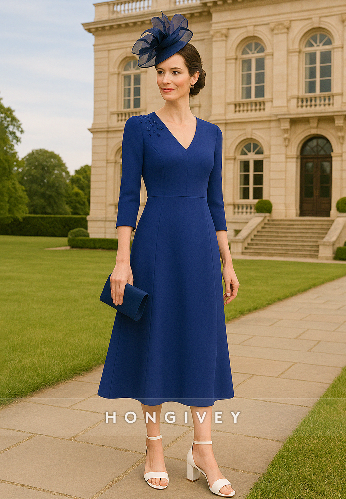 Simple Royal Blue V-Neck 3/4 Sleeve A-Line Tea-Length Mother of the Bride Dress