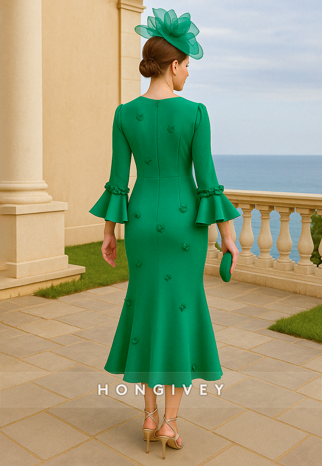 Bell Sleeves V-Neck Mermaid Ankle-LengthMother of the Bride Dress with Appliques