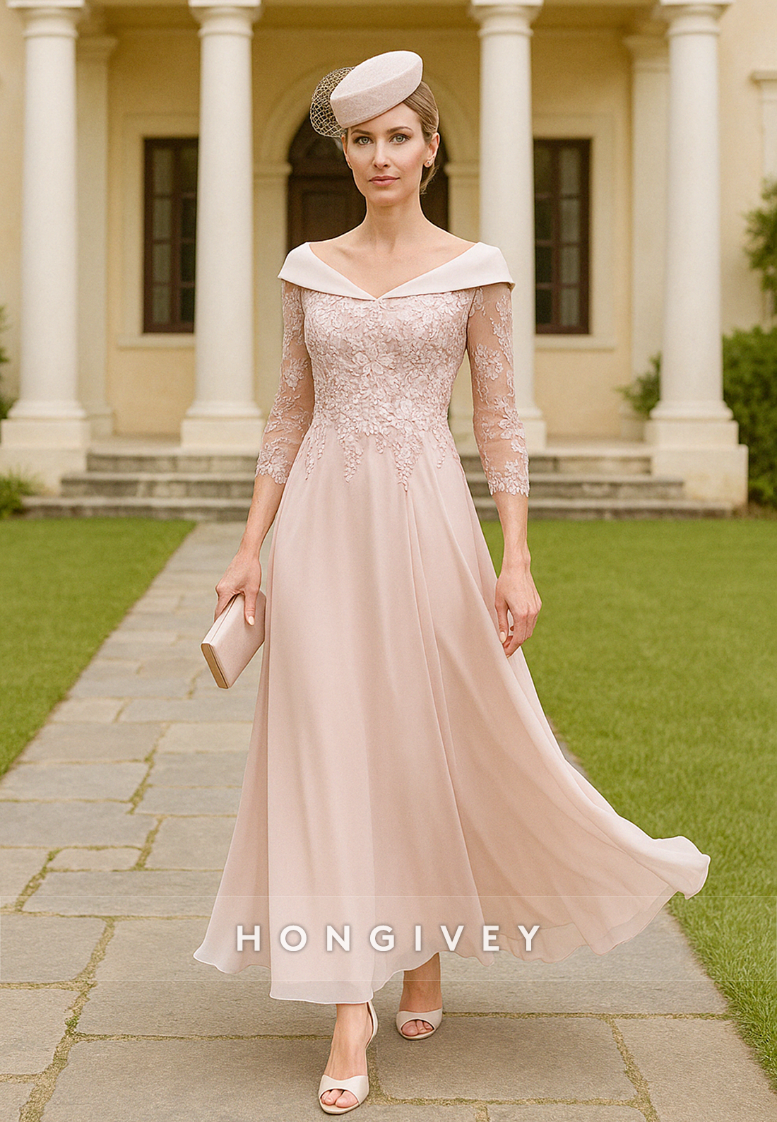 Blush A-Line 3/4 Sleeve Ankle-Length Appliqued Mother of the Bride Dress