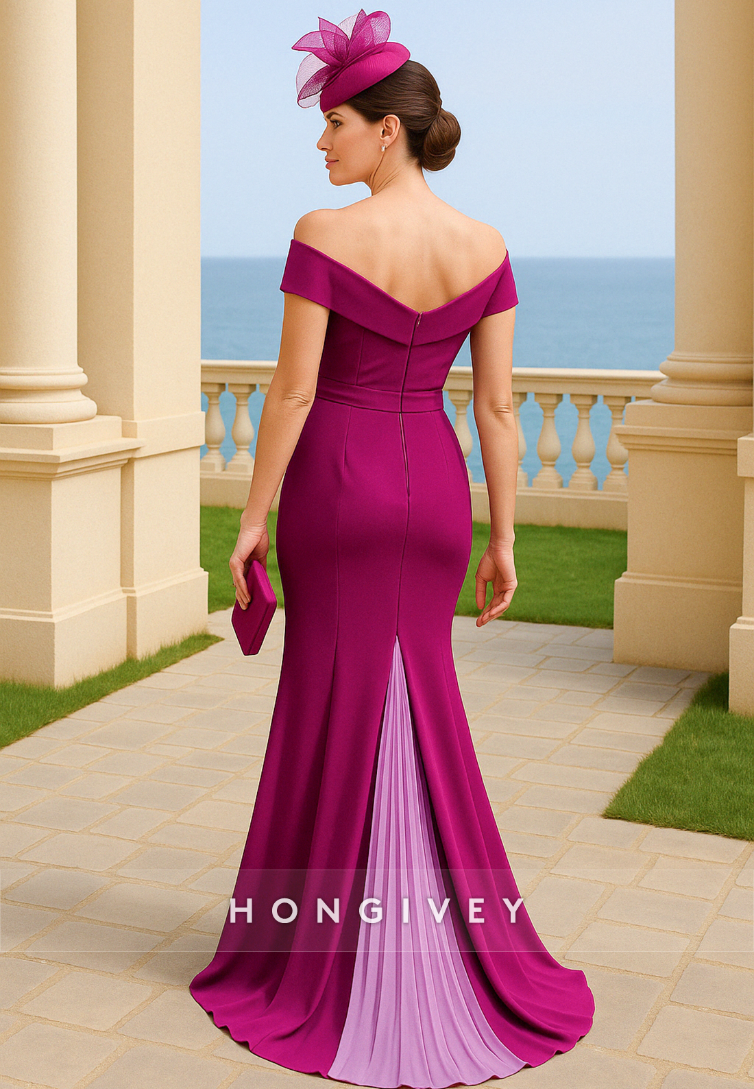 Off the Shoulder Purple Sweep Train Trumpet Mother of the Bride Dress with Ruffles