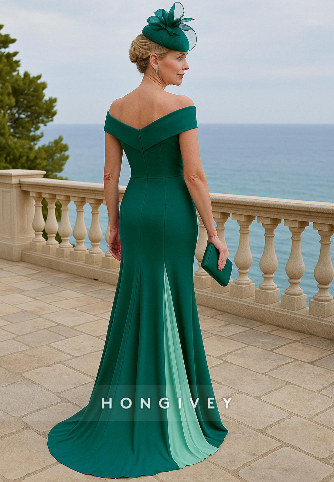 Off the Shoulder Teal Sweep Train Trumpet Mother of the Bride Dress with Ruffles