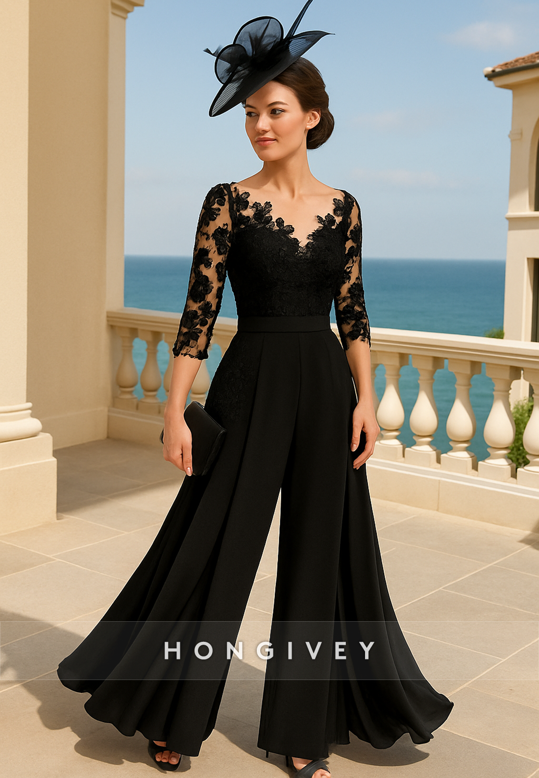 Jumpsuit Black Ankle-Length 3/4 Sleeve Mother of the Bride Dress with Lace
