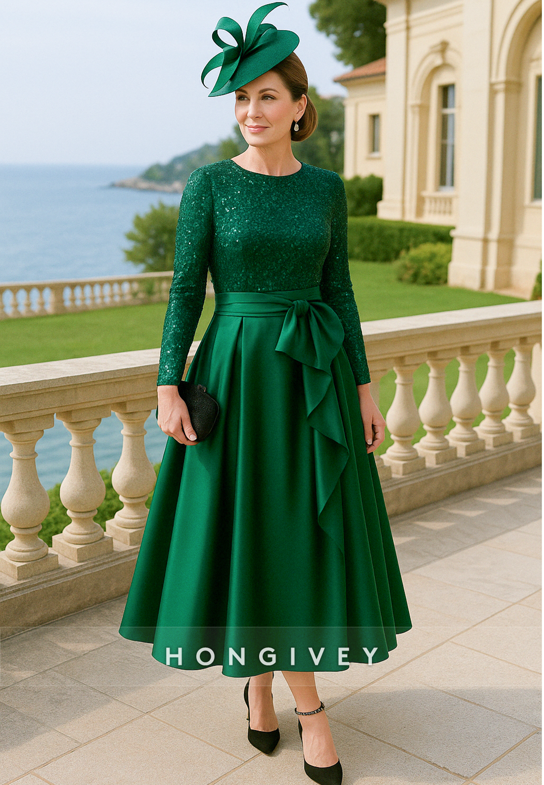 Long Sleeves Dark Green A-Line Satin Sequined Mother of the Bride Dress
