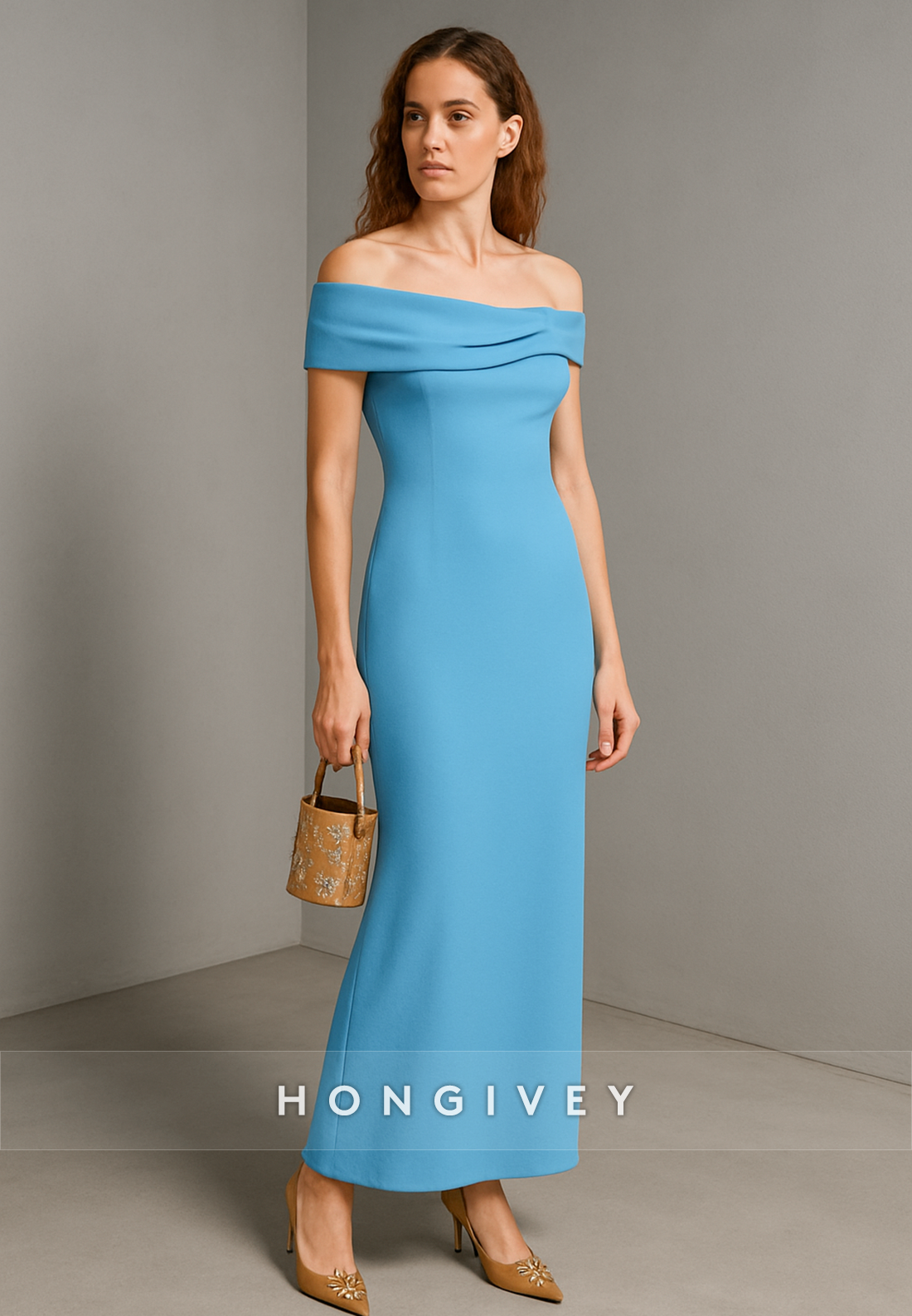 Simple Blue Off the Shoulder Column Ankle-Length Evening Gowns