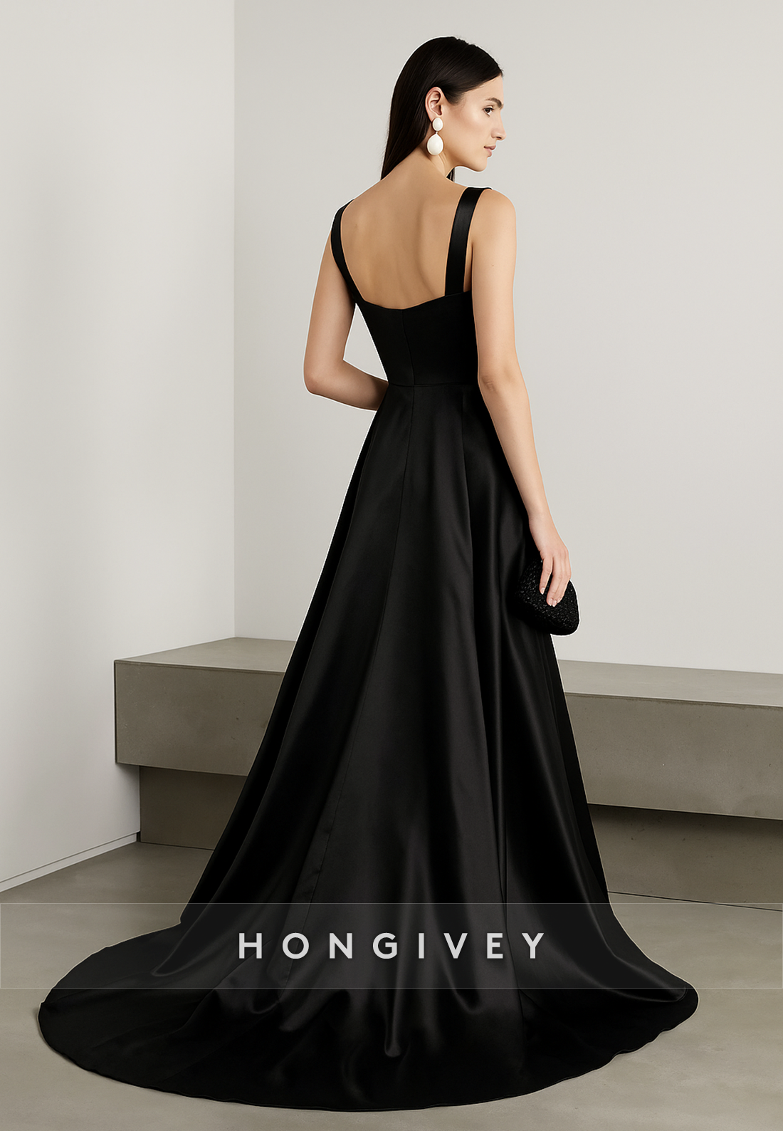 Regular Straps Satin Square Neck Low Back Court Train Evening Gowns