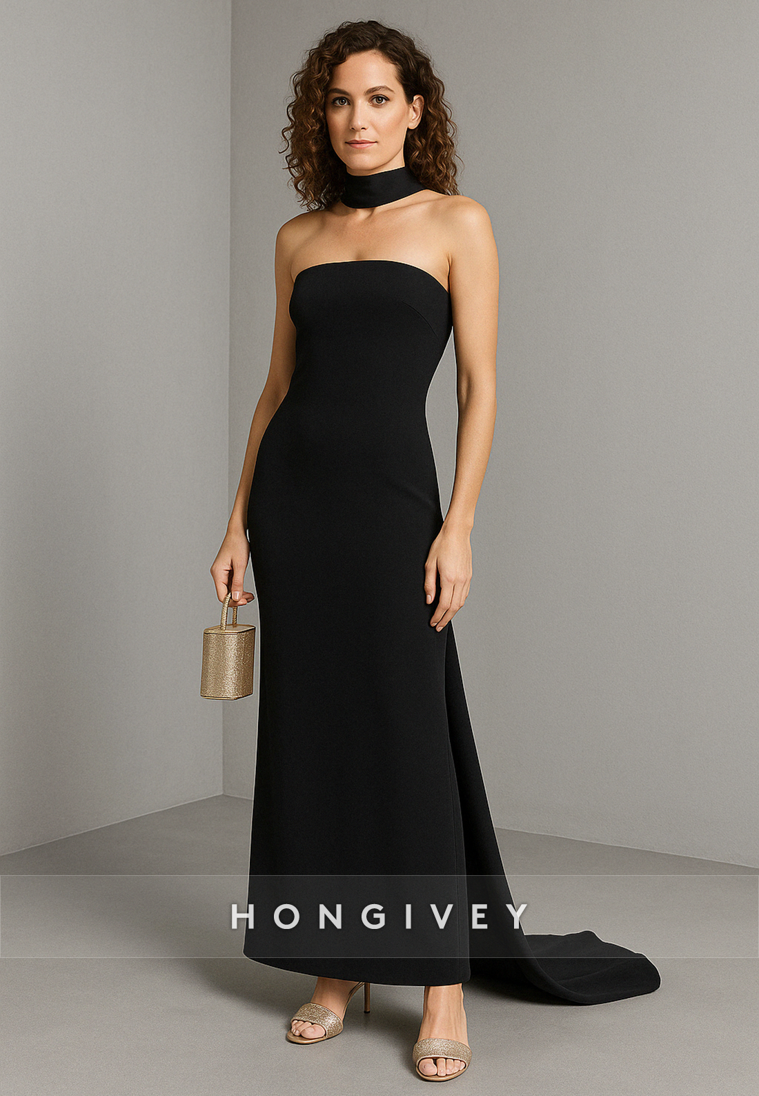 Elegant Black Strapless Detachable Ankle-Length Trumpet Evening Gowns