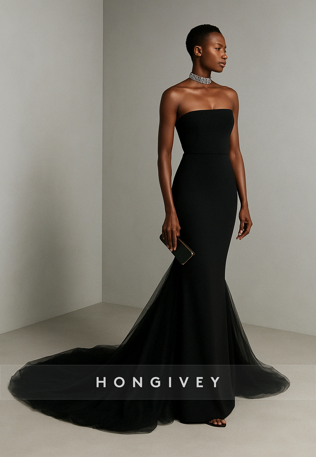 Elegant Black Strapless Trumpet Sweep Train Evening Gown