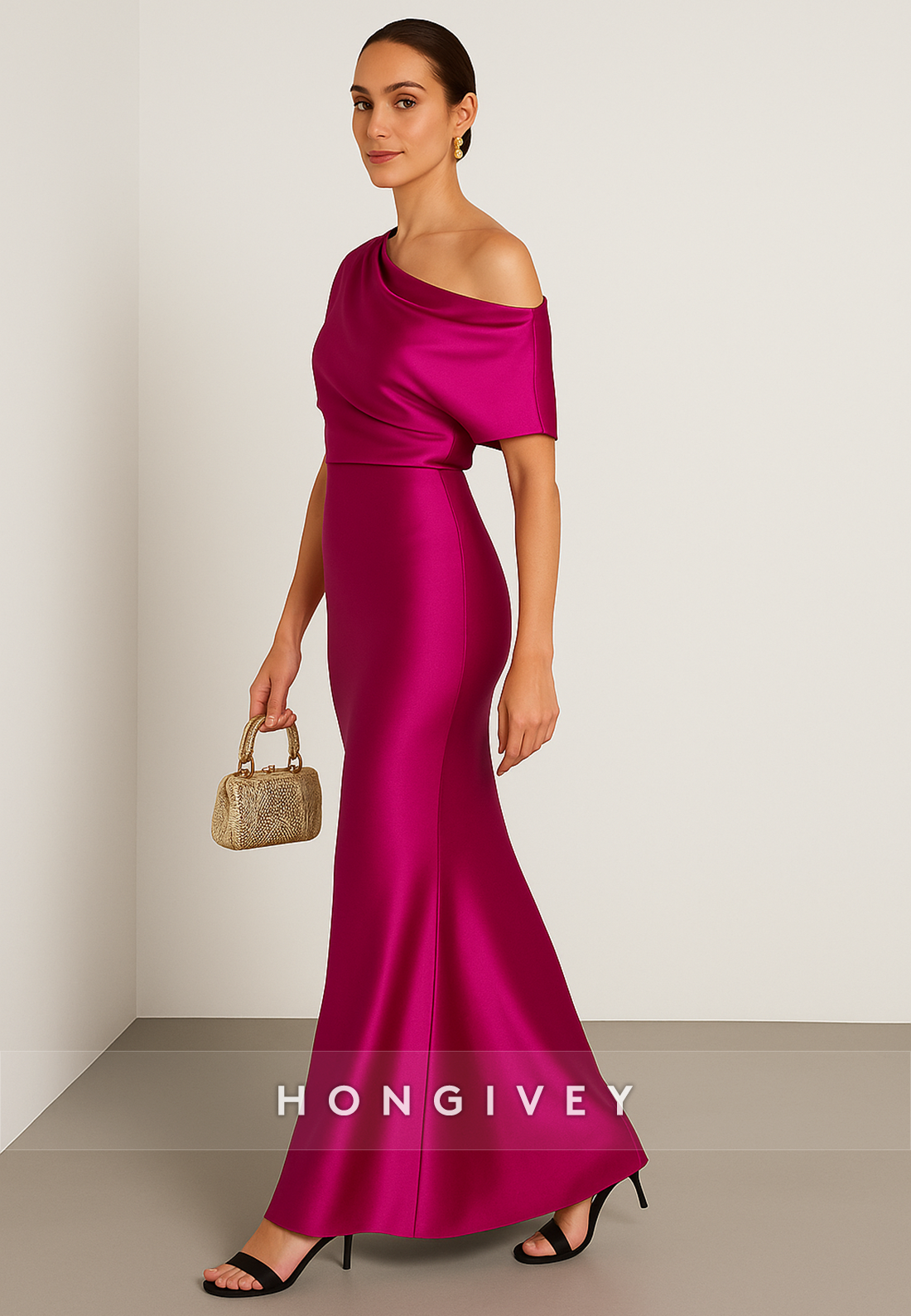 Fuchsia One Shoulder Satin Mermaid Pleated Ankle-Length Evening Gowns
