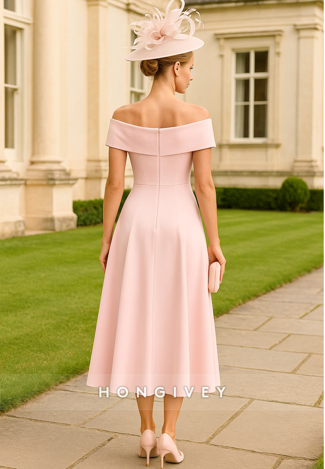 Tea-Length Appliqued Off the Shoulder Pleated Mother of the Bride Dresses