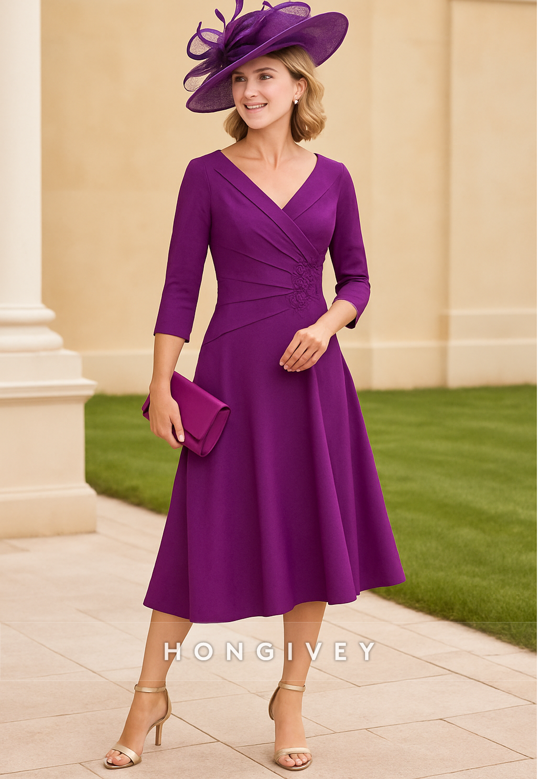 Appliqued V-Neck 3/4 Sleeve Cocktail Dresses A-Line Pleated Tea-Length Mother of Bride Dresses