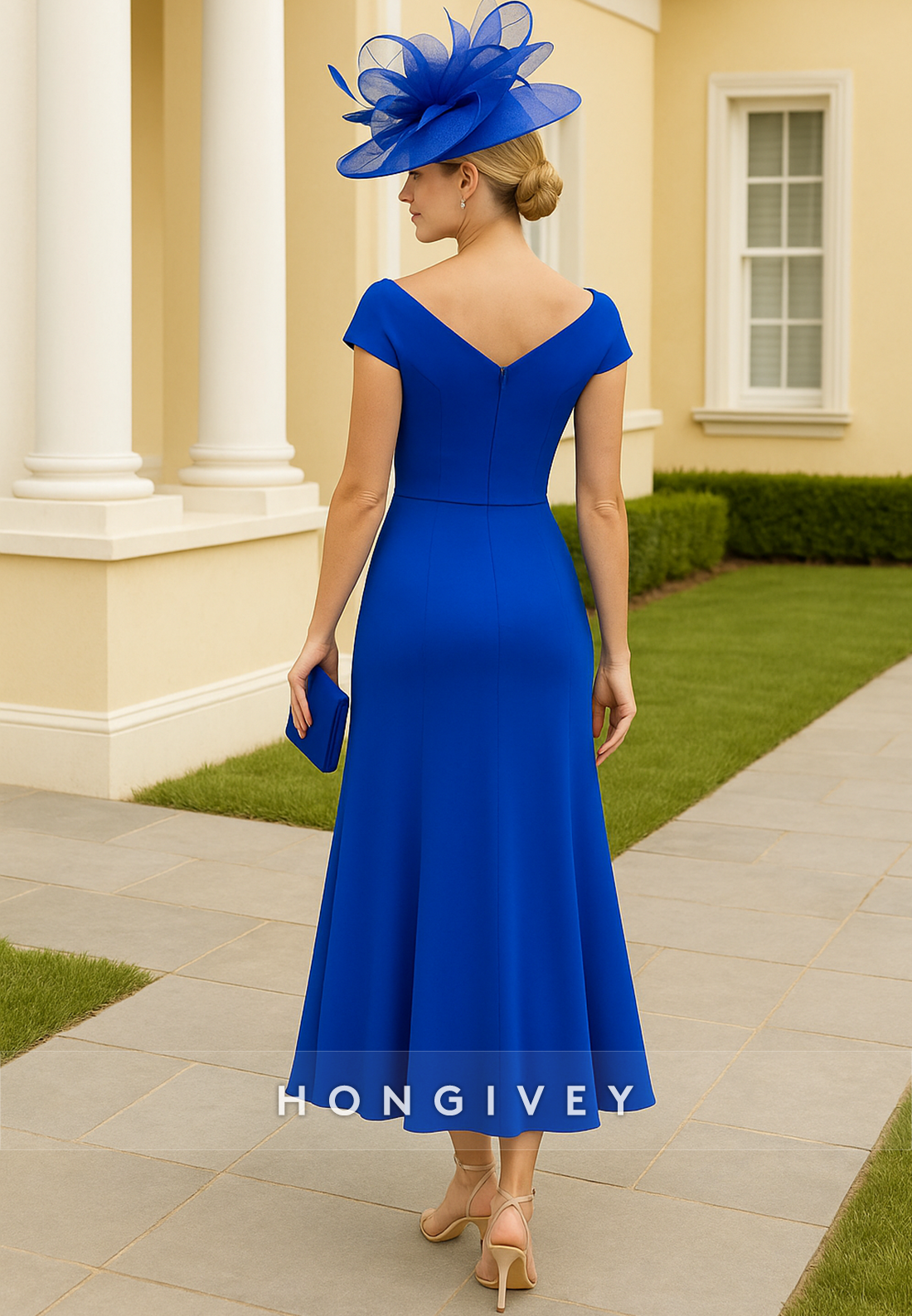 V-Neck A-Line Cap Sleeves Tea-Length Side Slit V Back Pleated Mother of Bride Dresses