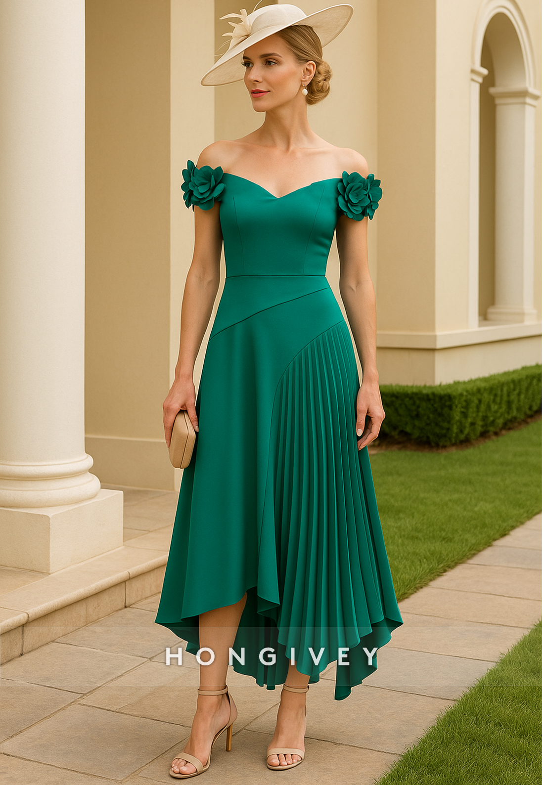 A-Line Asymmetrical Off the Shoulder Ruffles Shoulder Flowers Mother of the Bride Dresses