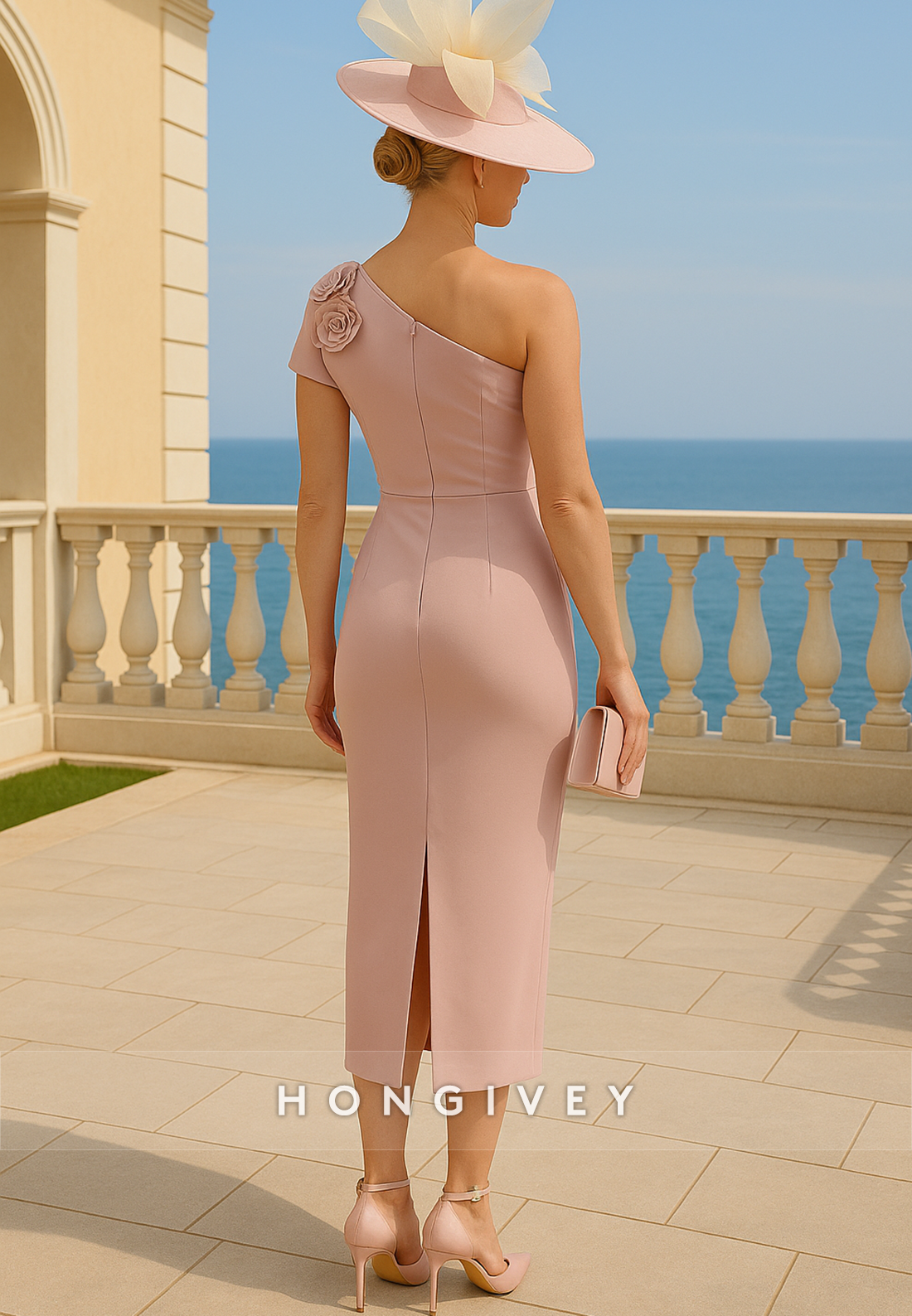 One Shoulder Flowers Side Slit Pleated Tea-Length Mother of Bride Dresses