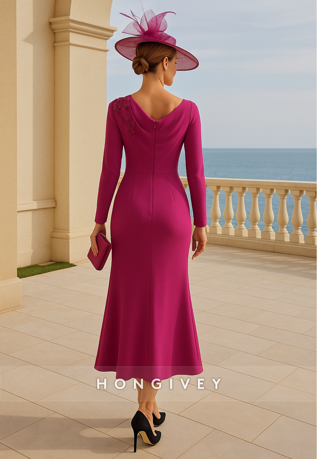 Long Sleeves Fuchsia Cowl Neck Tea-Length Mermaid Mother of Bride Dresses