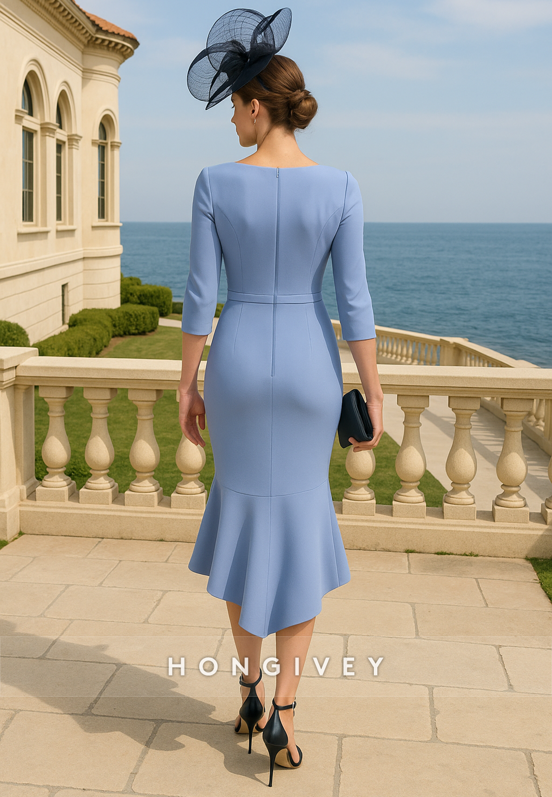 3/4 Sleeve Pleated Bowknot Pleated Asymmetrical Mermaid Mother of Bride Dresses