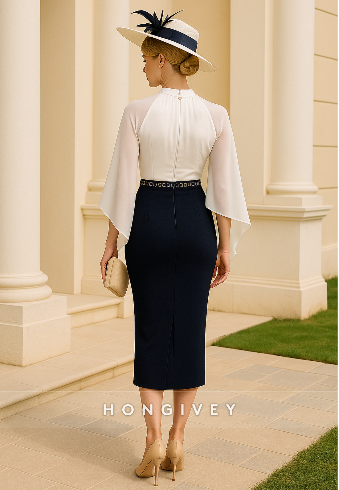 Halter Flutter Sleeves Sheath Cocktail Dresses Tea-Length Pleated Mother of Bride Dresses