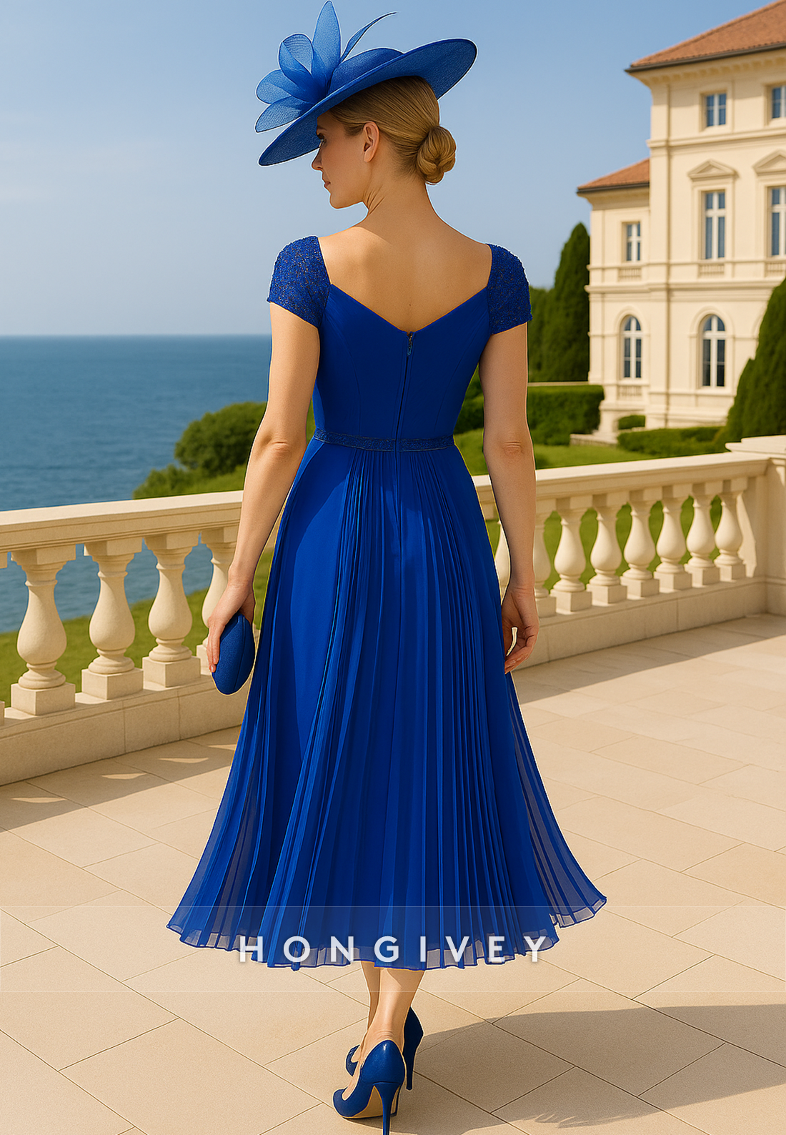 Royal Blue Tea-Length Cap Sleeves A-Line Ruffles Mother of Bride Dresses