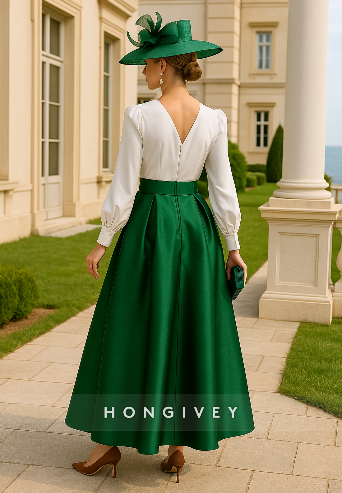 Long Sleeves Satin Ankle-Length waistband V-Neck Pleated V Back Mother of Bride Dresses