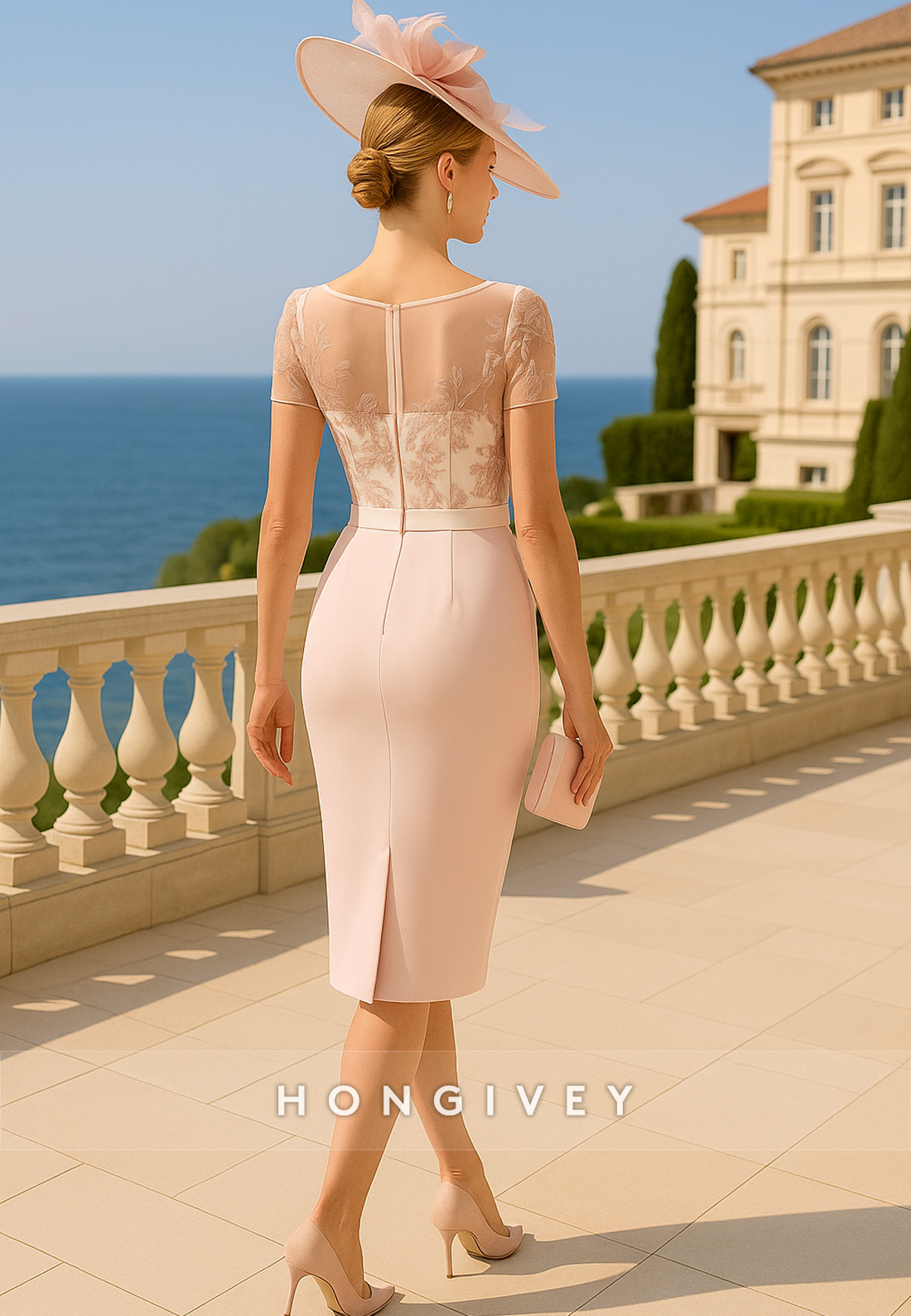 Illusion Neck Short Sleeves Cocktail Dresses Tea-Length Sheath Mother of Bride Dresses