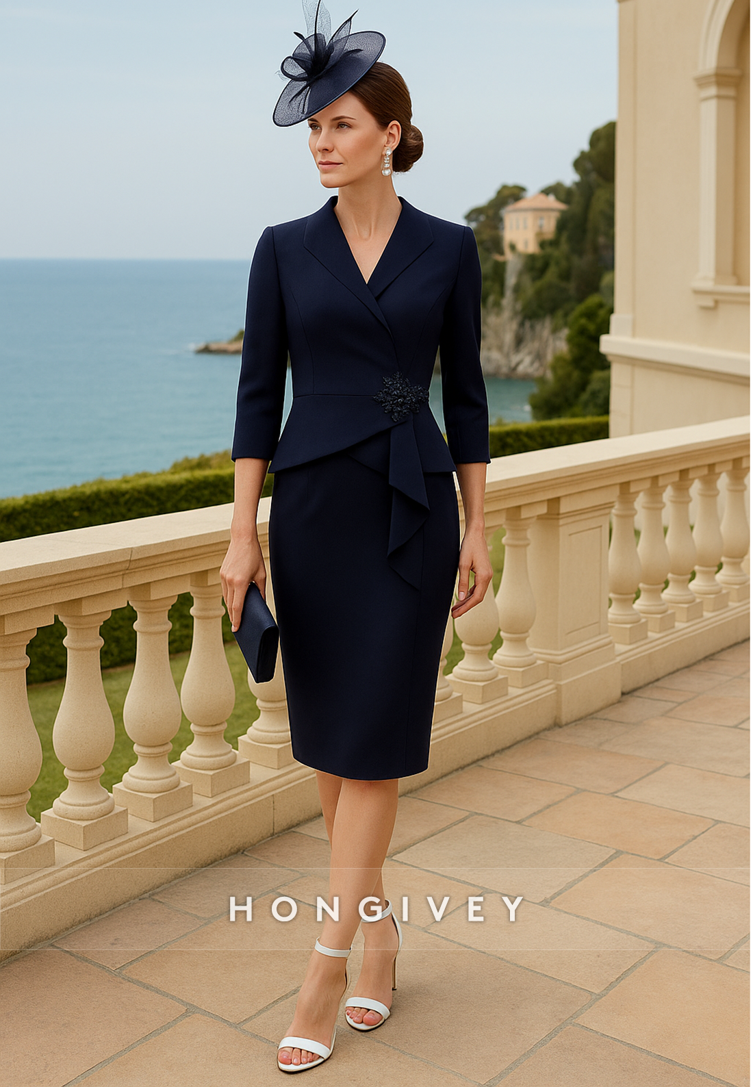 V-Neck Sheath Cocktail Dresses Tea-Length 3/4 Sleeve V Back Mother of V-Neck Sheath Cocktail Dresses Tea-Length 3/4 Sleeve V Back Mother of