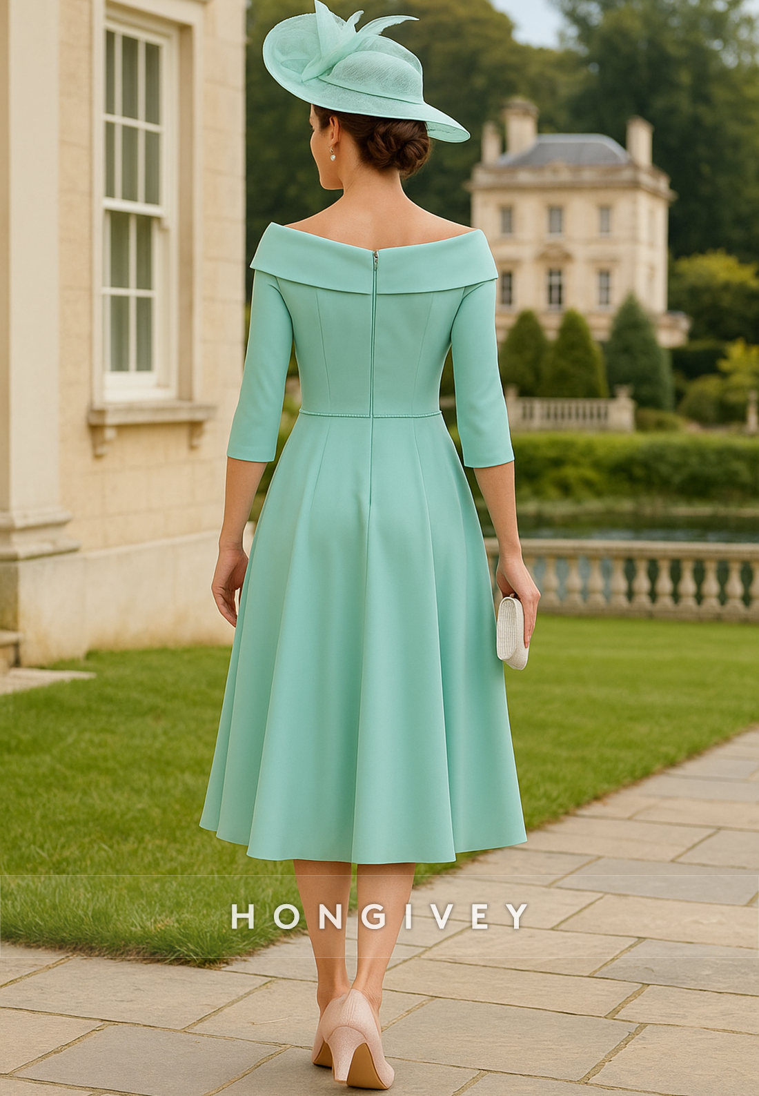 A-Line 3/4 Sleeve Cocktail Dresses Pleated Flower Mother of Bride Dresses