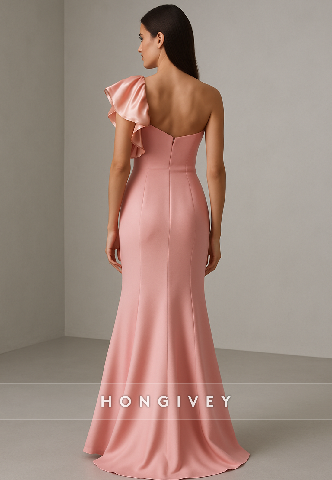 One Shoulder Low Back Floor-Length Pleated Trumpet Evening Gowns