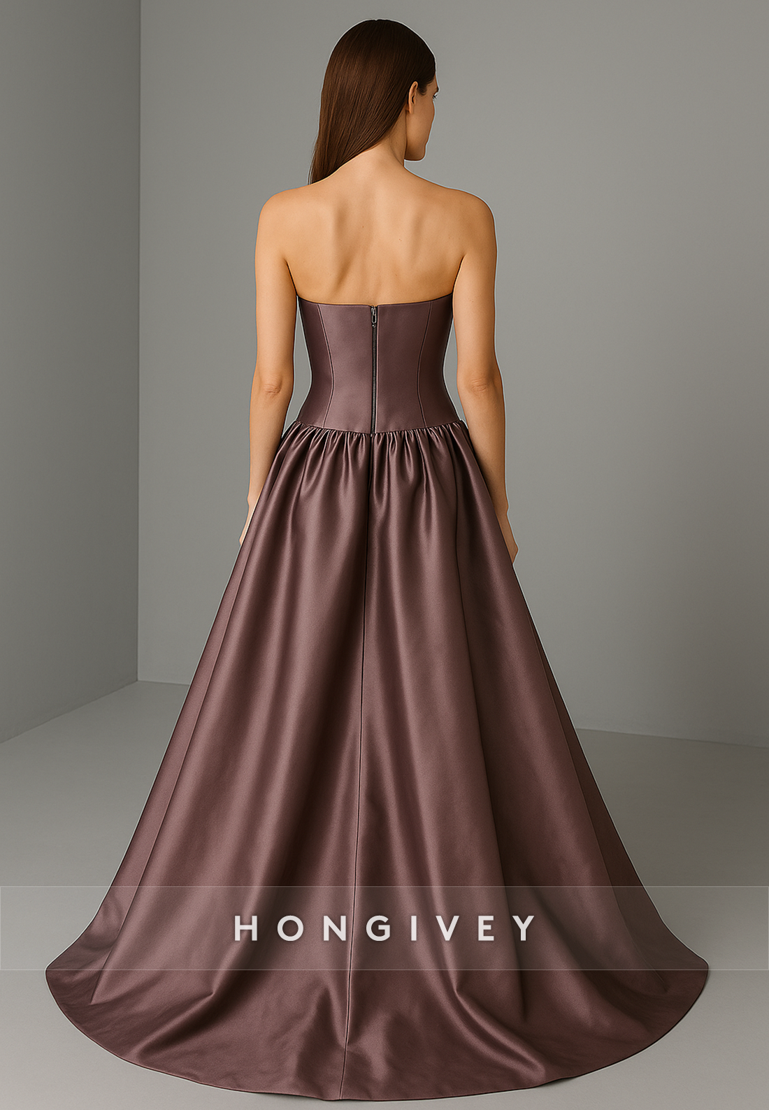 Strapless Satin Floor-Length Sleeveless Pleated Princess Evening Gowns