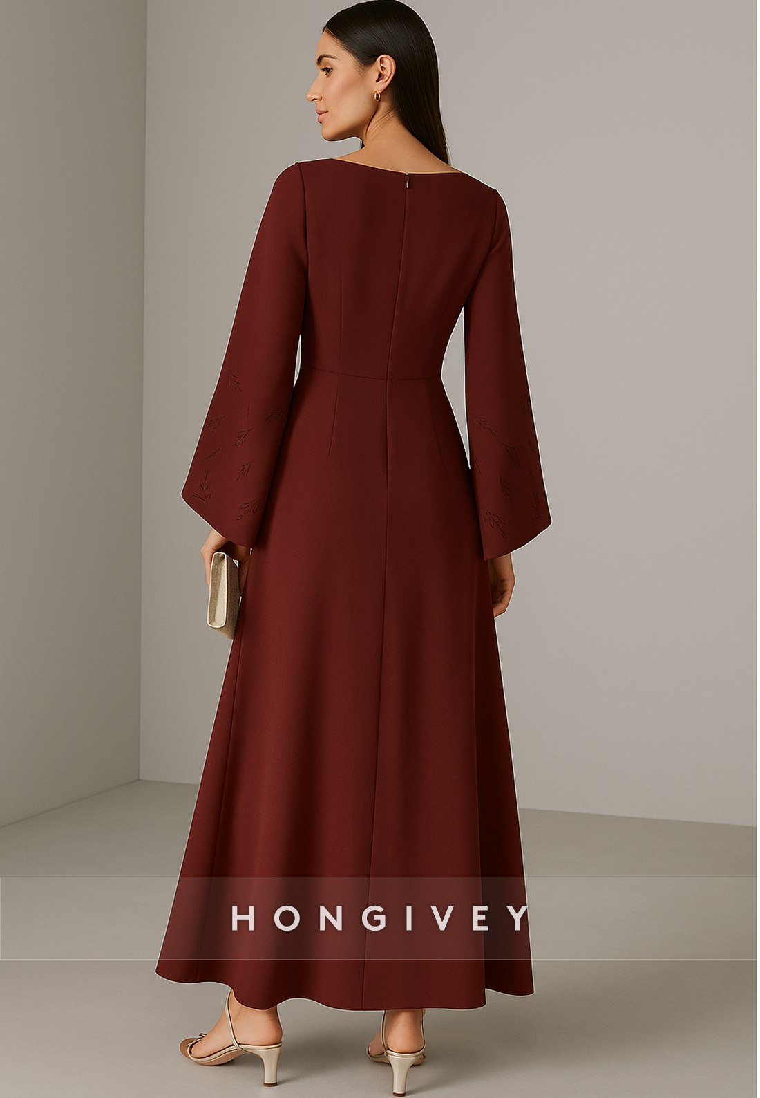 Bell Sleeves Pleated Bateau Neck Ankle-Length A-Line Evening Gowns