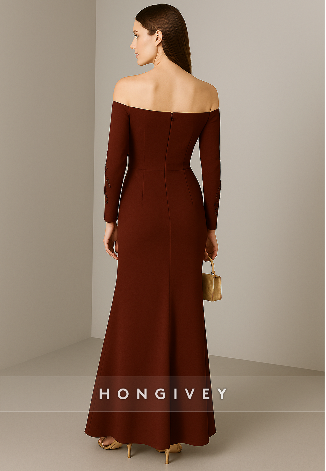 Long Sleeves Simple Mother of the Bride Dresses Off the Shoulder Appliqued Trumpet Evening Gowns