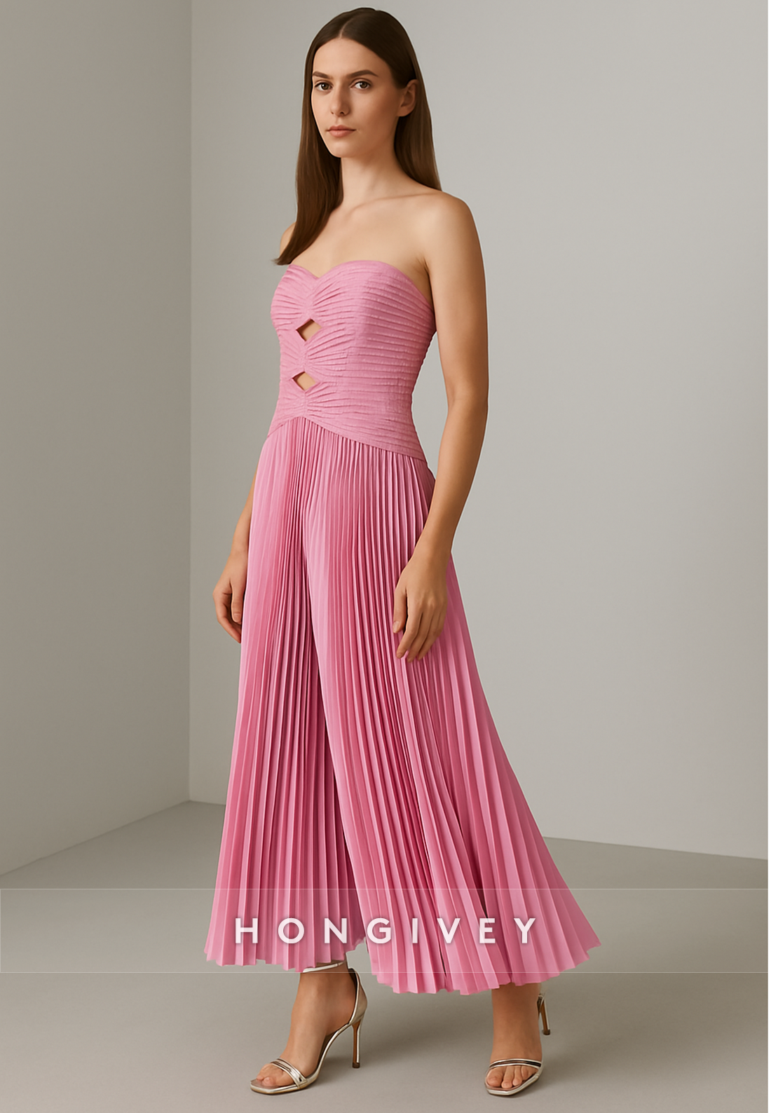 Strapless Pleated Ruched A-Line Sleeveless Ankle-Length Evening Gowns