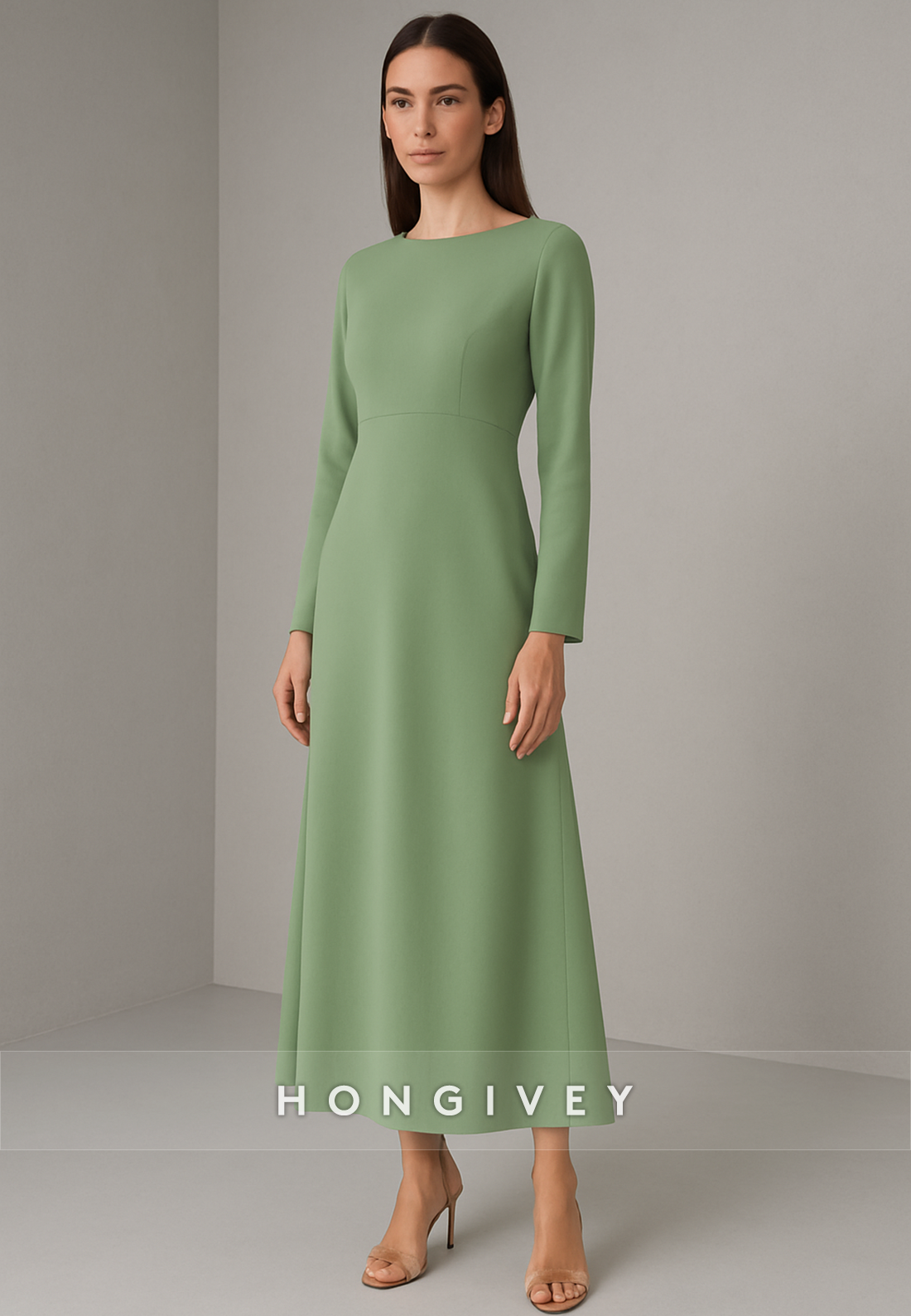 Long Sleeves Simple Pleated Tea-Length A-Line Evening Gowns