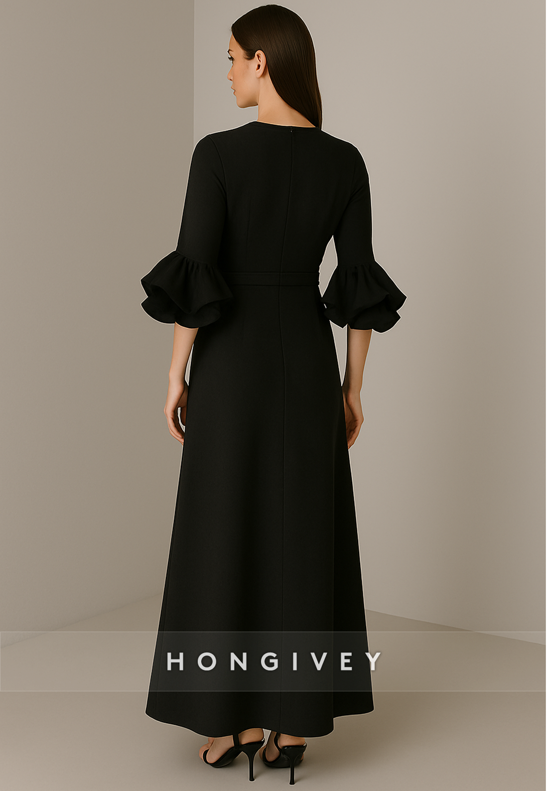 Scoop Pleated 3/4 Sleeve Formal Gowns A-Line Waistband Ankle-Length Evening Gowns