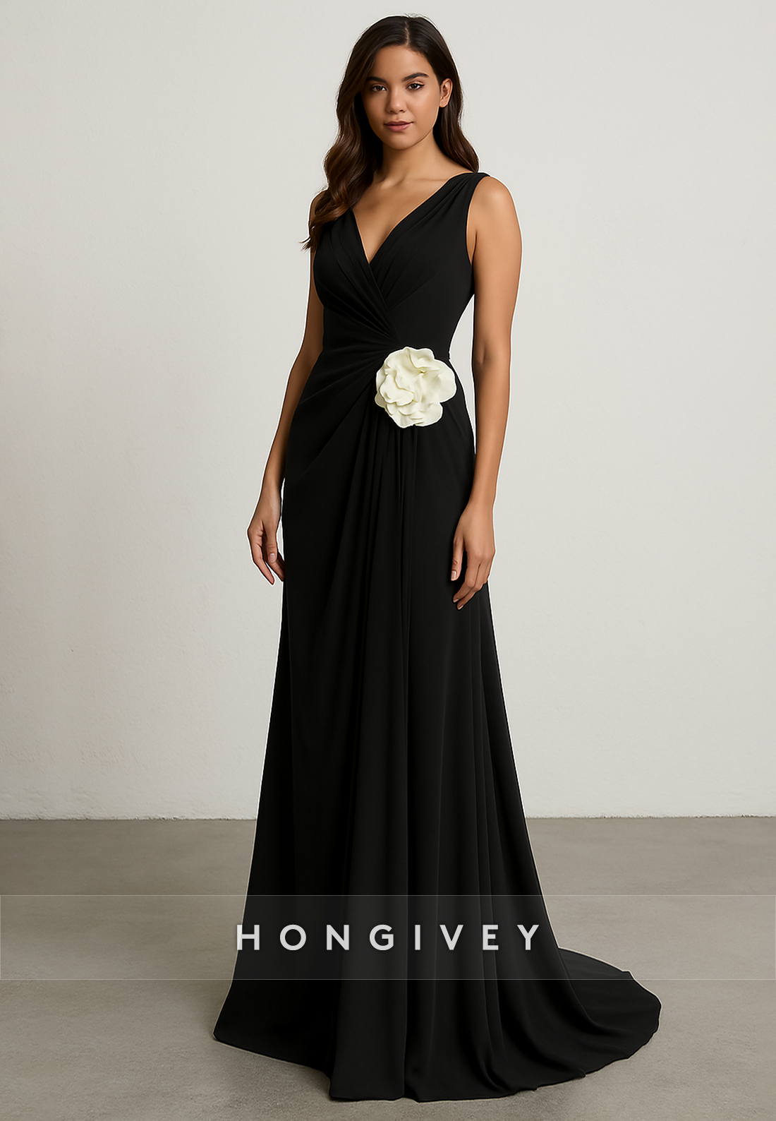 Black Sleeveless Low V-Neck Floor-Length V Back Flower A-Line Evening Gowns