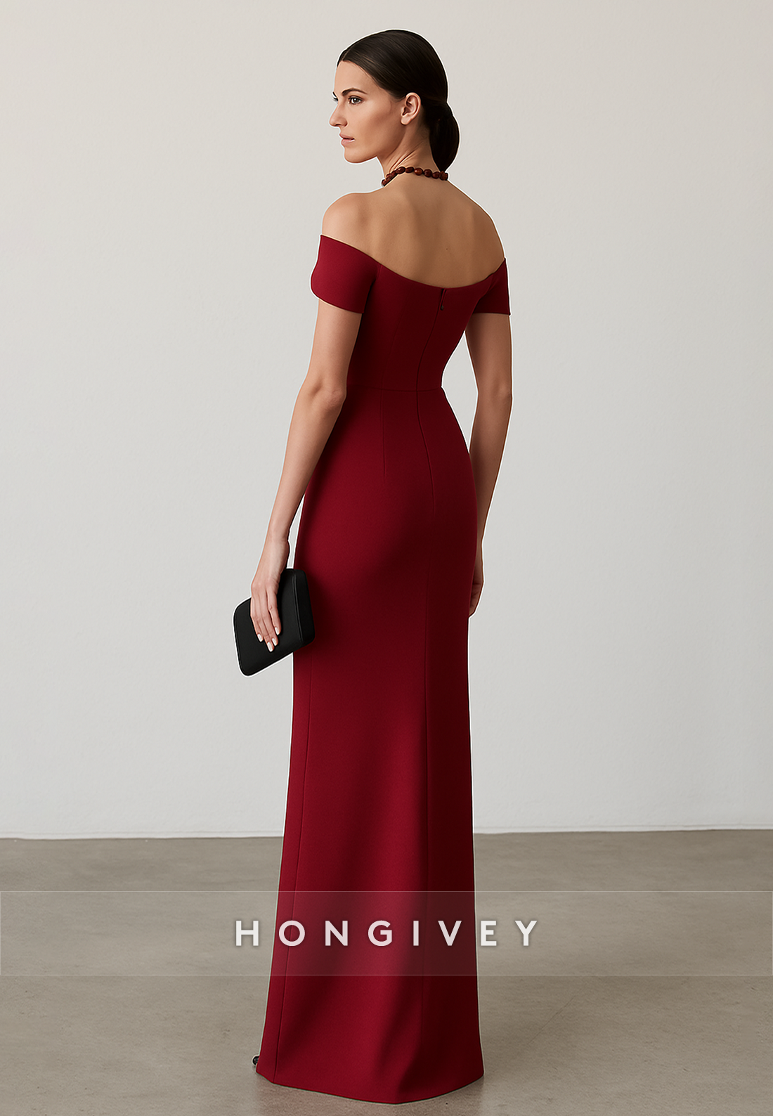 Simple Burgundy Off the Shoulder Floor-Length Pleated Sheath Evening Gowns